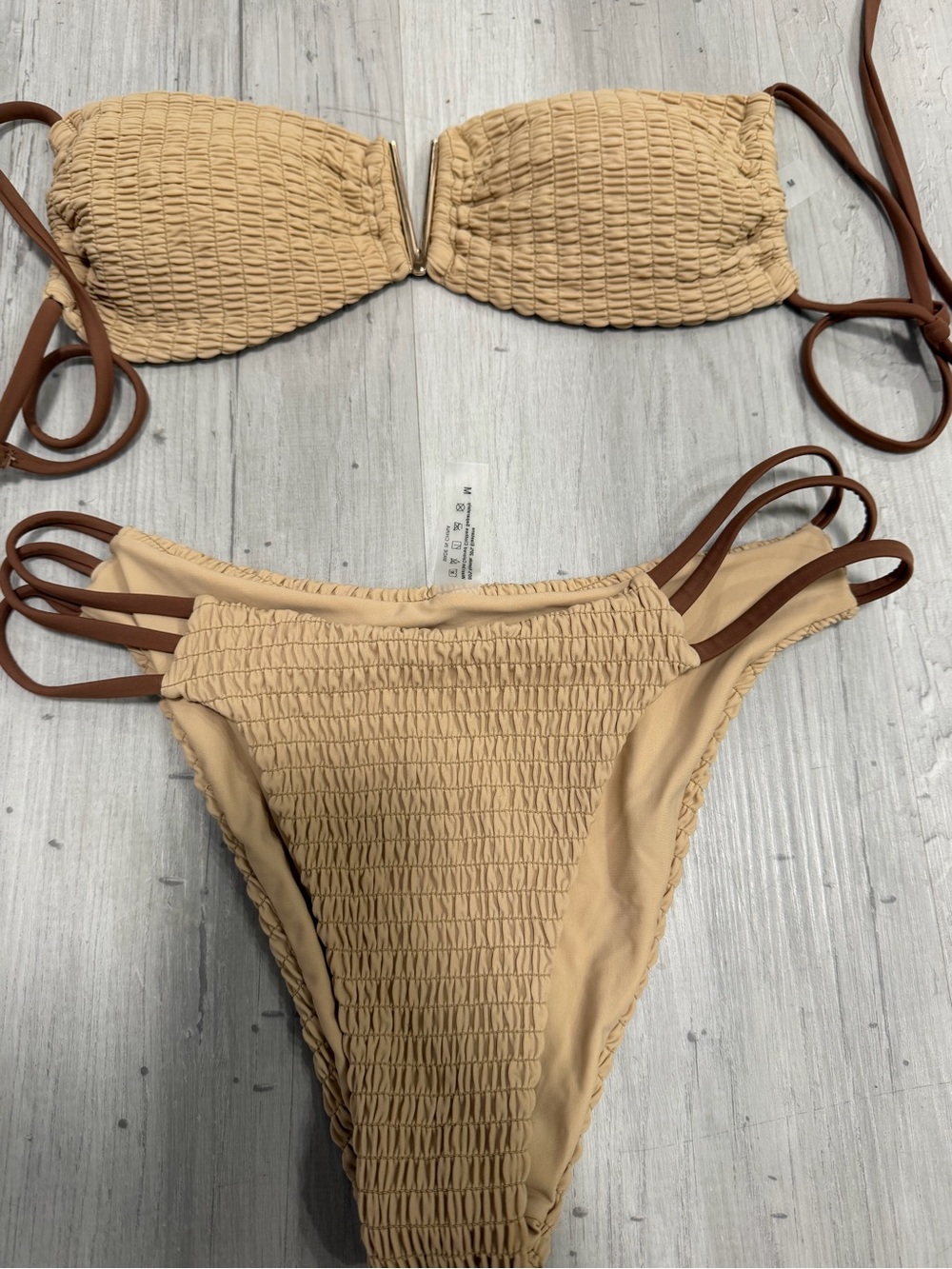 SHEIN Smocked Bandeau Bikini Set in Tan with Brown Straps
